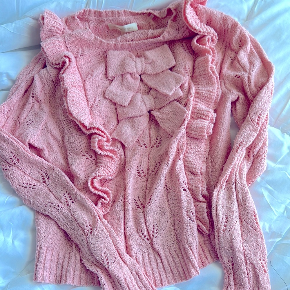 Love Shack Fancy Pink Ruffled Sweater with Bows